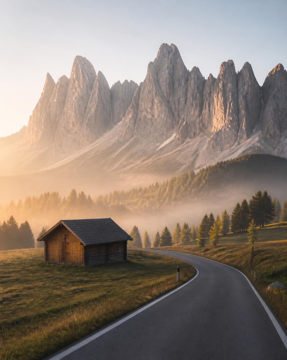 Jagged pale limestone spires of the Dolomites at first light above an alpine meadow, wooden barn and empty mountain road.