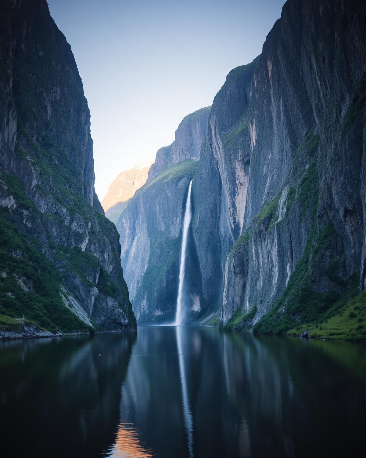 A deep Norwegian fjord with towering cliffs, a thin waterfall and mirror-still water in soft northern light.