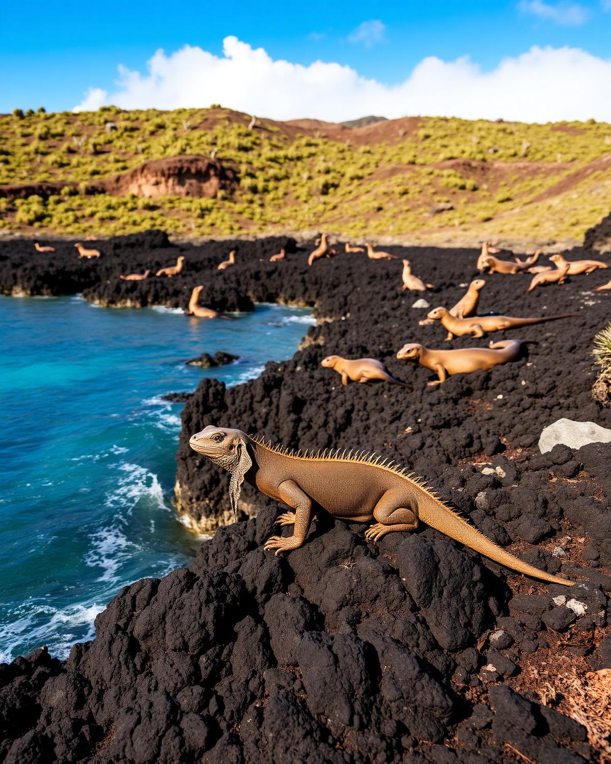 A marine iguana on black volcanic rock above turquoise water in the Galápagos, sea lions resting along the shoreline.