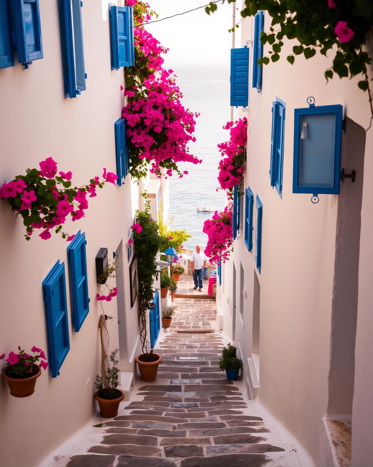 A whitewashed Greek island lane with blue shutters and bougainvillea, stone steps descending toward the Aegean in late afternoon light.