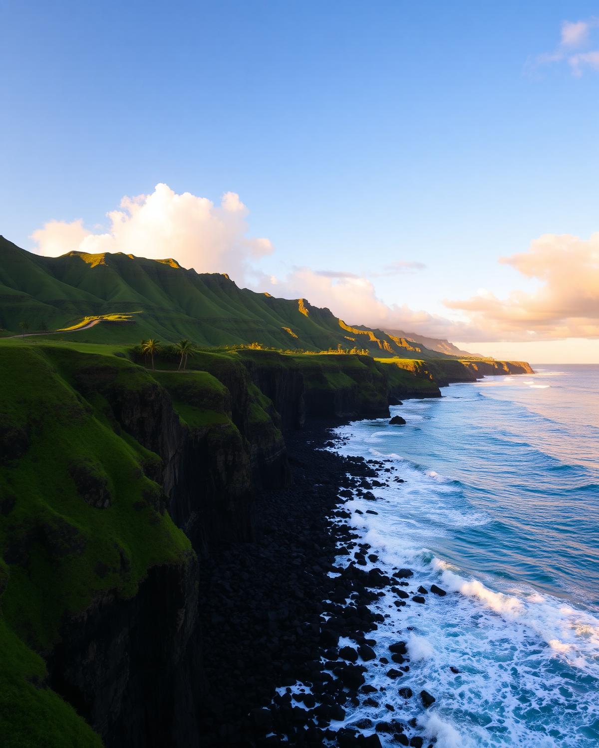 A dramatic Hawaiian coastline with green cliffs, black lava rock and Pacific surf at golden hour.
