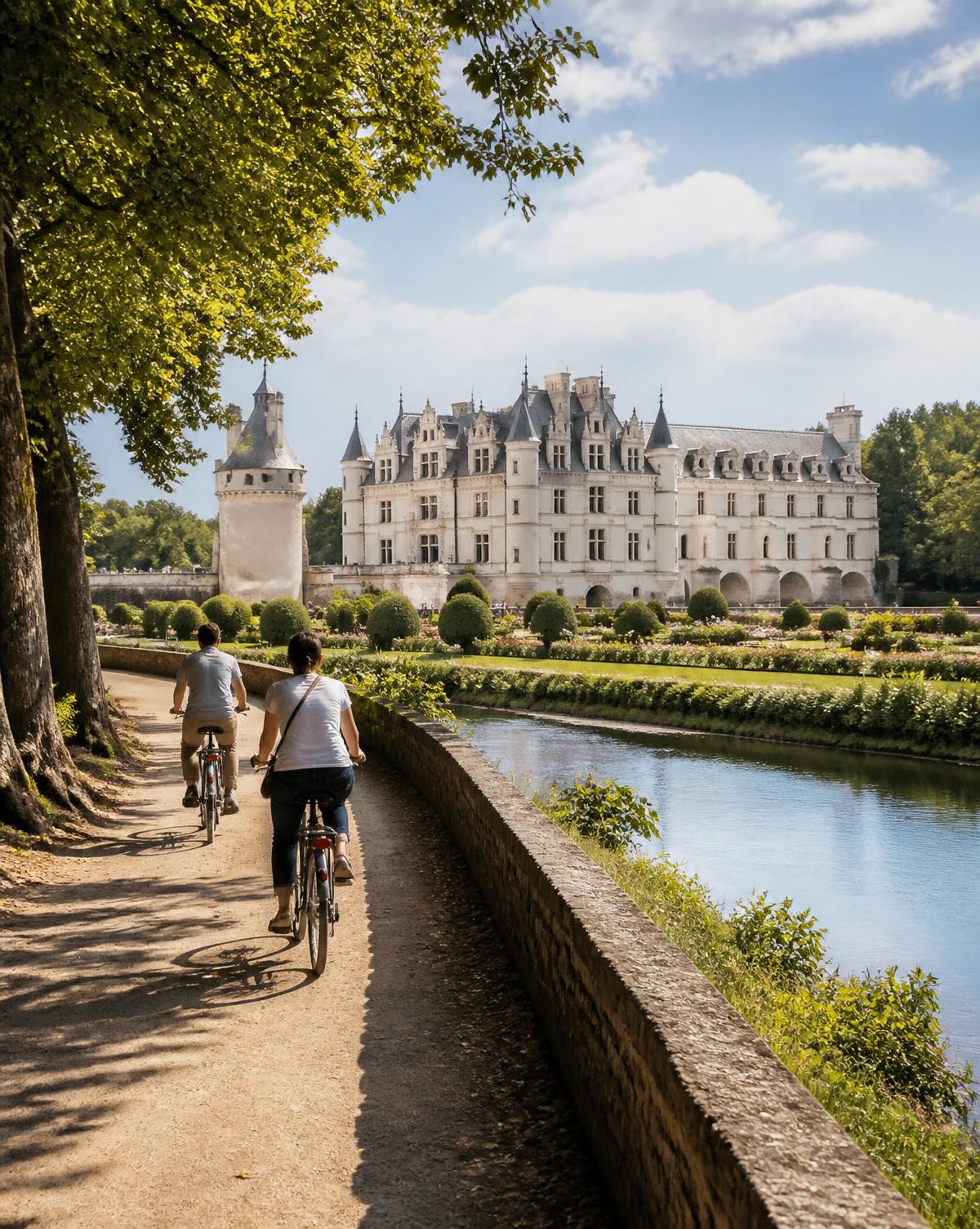 Cyclists on a tree-lined riverside path in the Loire Valley with a grand French Renaissance château and formal gardens beyond.