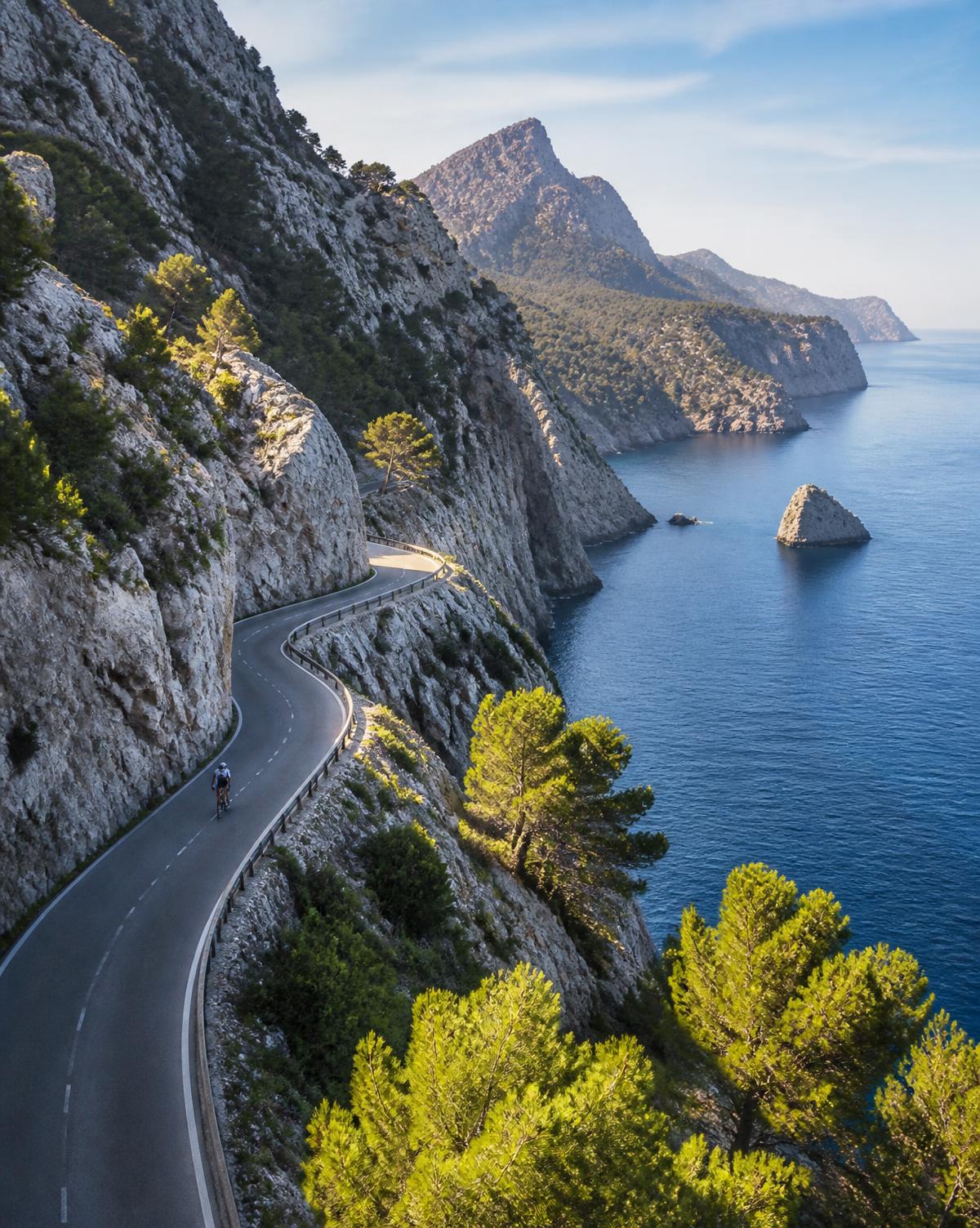 The Serra de Tramuntana coast road in Mallorca winding above deep blue Mediterranean water, a lone cyclist on the road.