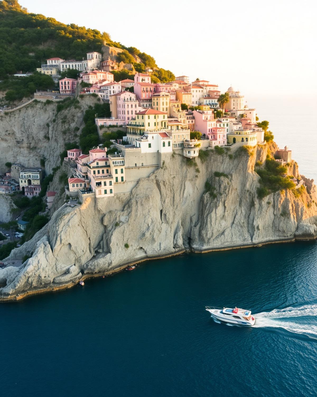 The Amalfi coastline of Italy at golden hour, a pastel cliffside village above deep blue Mediterranean water.