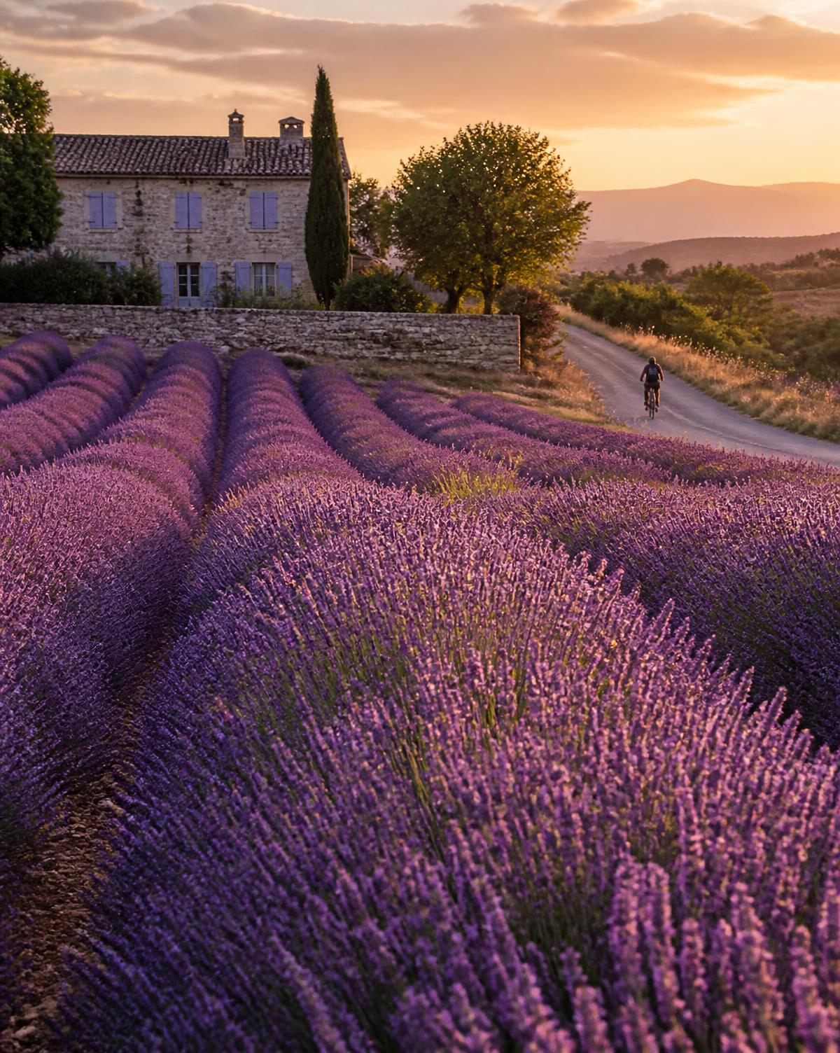 Rows of blooming lavender in Provence at golden hour with a stone farmhouse and a distant cyclist on a small road.