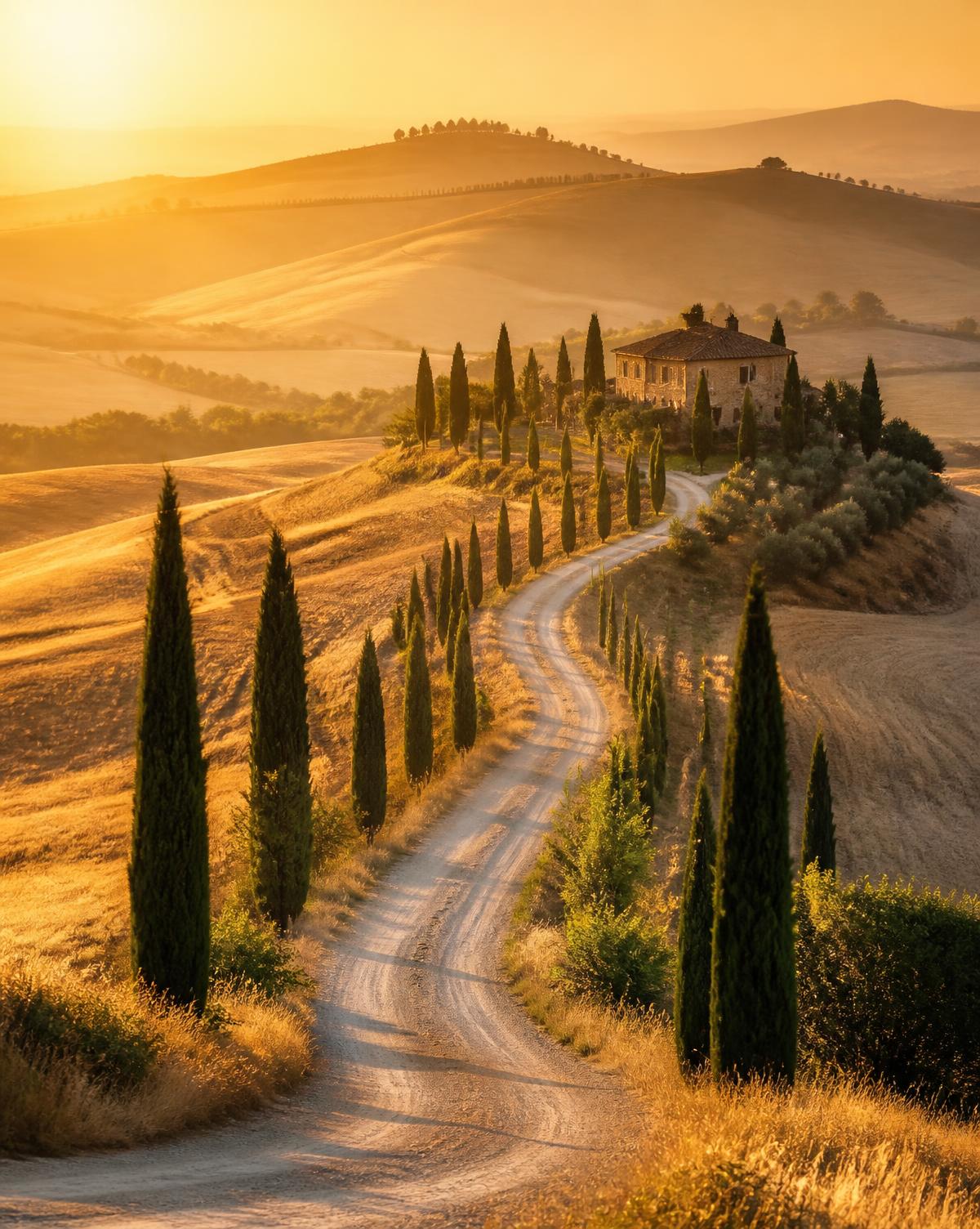 A winding white gravel road lined with cypress trees curving through golden Tuscan hills toward a stone farmhouse at sunrise.