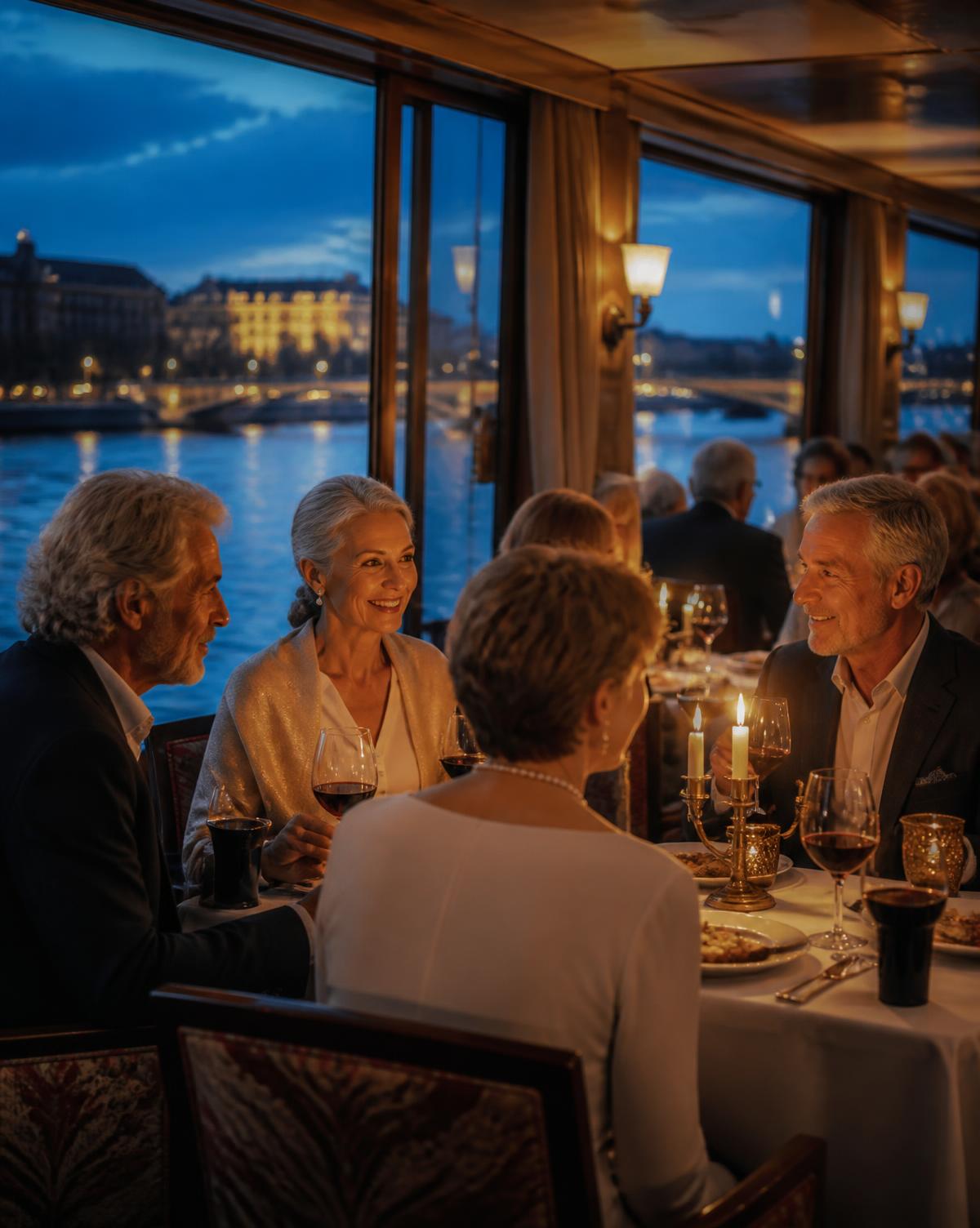 Guests sharing a candlelit dinner aboard a river ship, city lights along the river at blue hour beyond the windows.