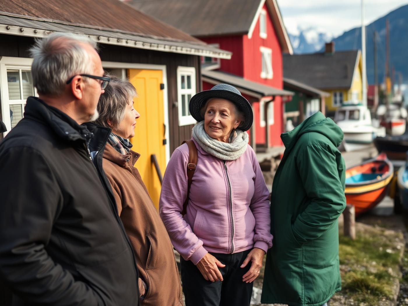 Travellers in conversation with a resident of a small northern coastal village, painted wooden houses and fishing boats behind them.