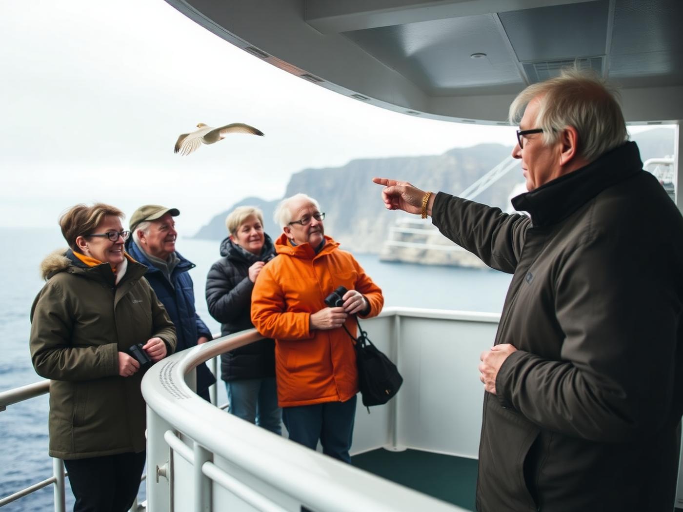 An expedition naturalist pointing out a seabird to a small group of travellers on a ship's outer deck, a rugged coastline beyond.
