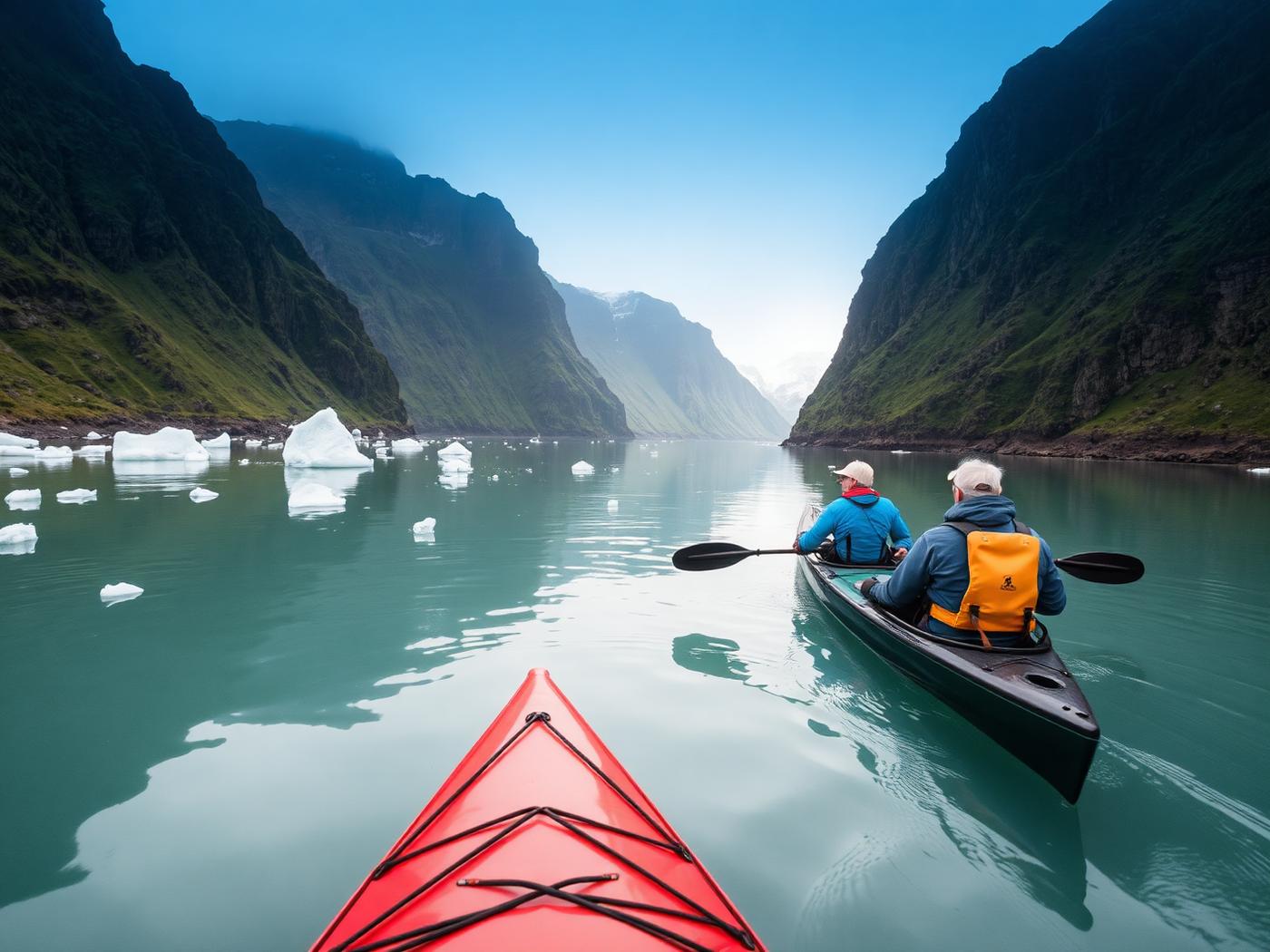 Two sea kayakers paddling glassy green water between steep cliffs, small ice floes drifting nearby.