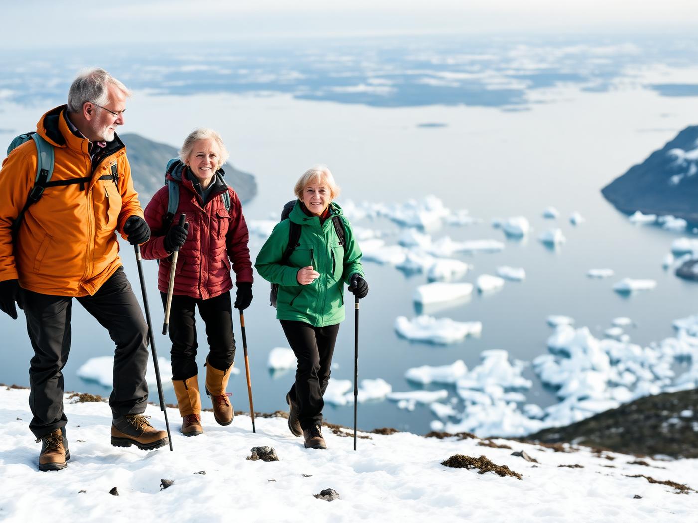 Three active adults hiking a snow-dusted ridge above a bay filled with drifting icebergs.