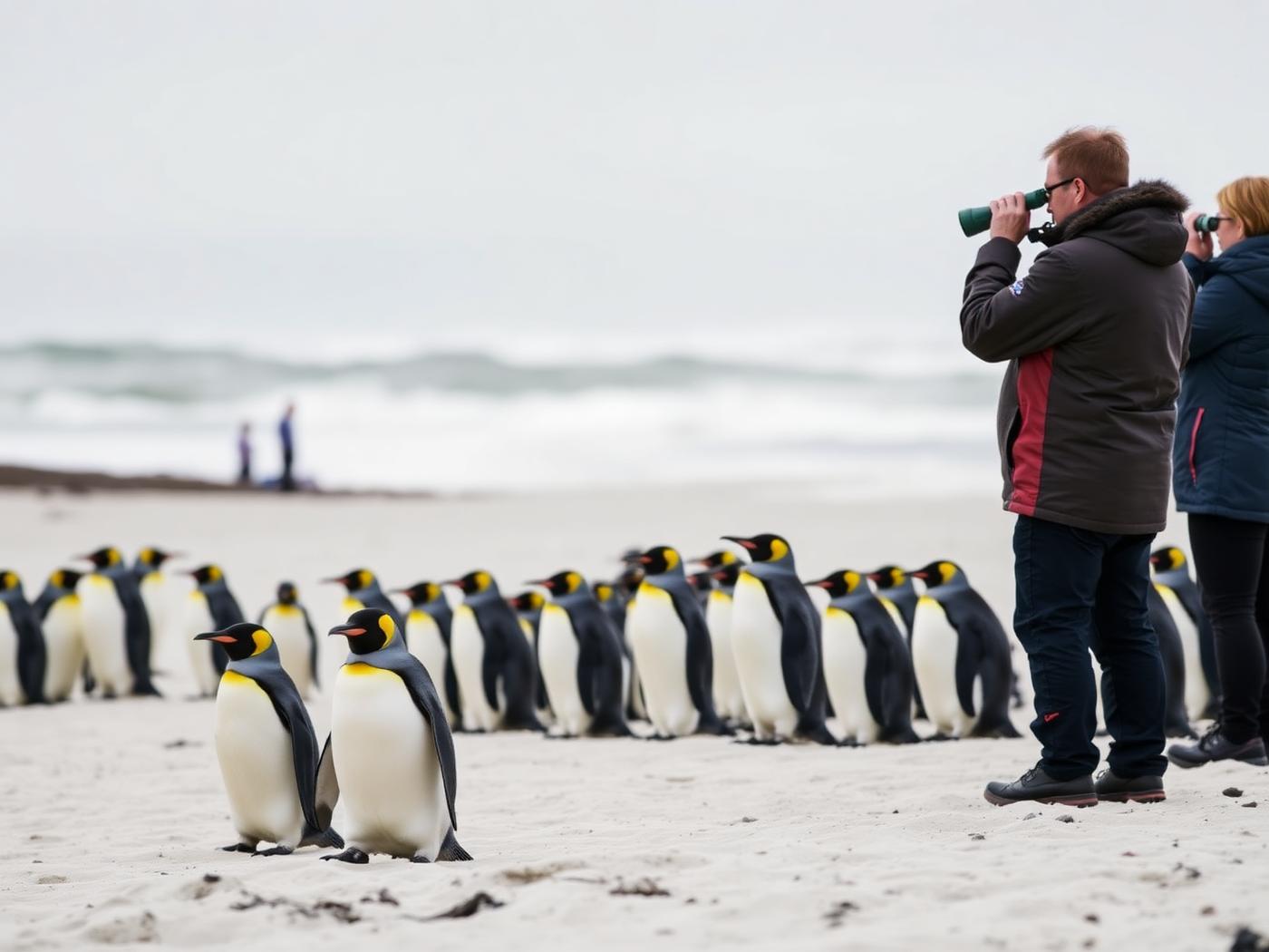 A colony of king penguins on a windswept beach, travellers watching quietly from a respectful distance with binoculars.