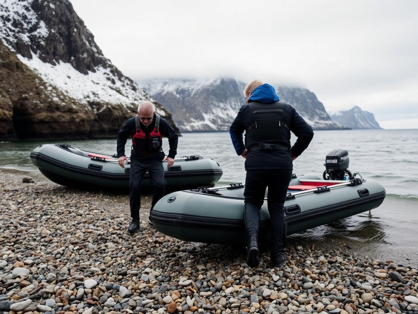Two travellers pulling a Zodiac ashore on a remote pebble beach below snow-streaked cliffs.
