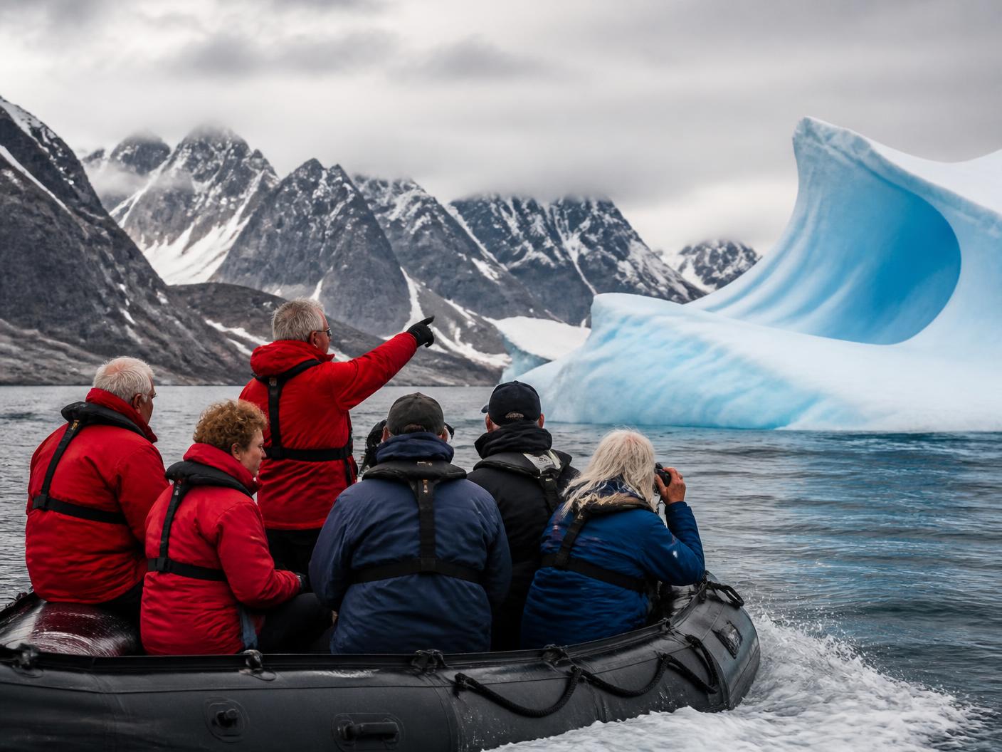 A Zodiac inflatable underway on dark polar water carrying active adults in expedition parkas, a sculpted blue iceberg and snow-streaked mountains beyond.