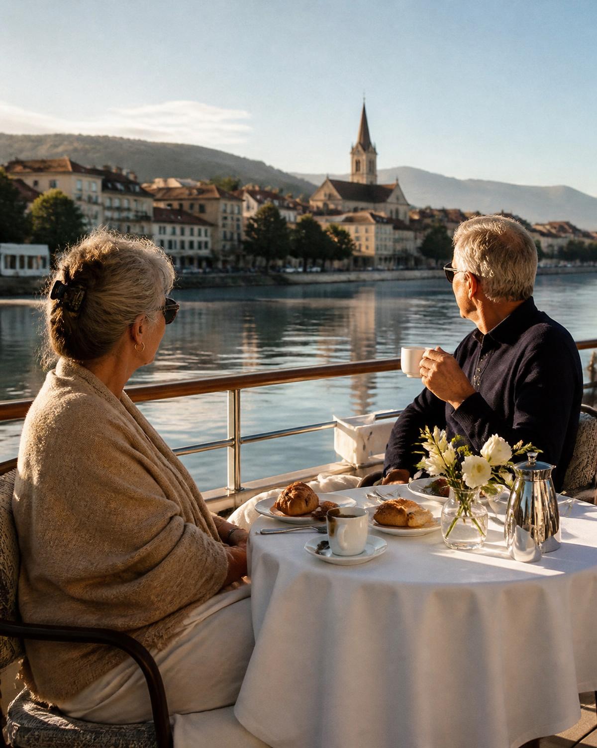 A couple in their sixties having breakfast on the sun deck of a river ship as morning light reflects off the water and a riverside town.