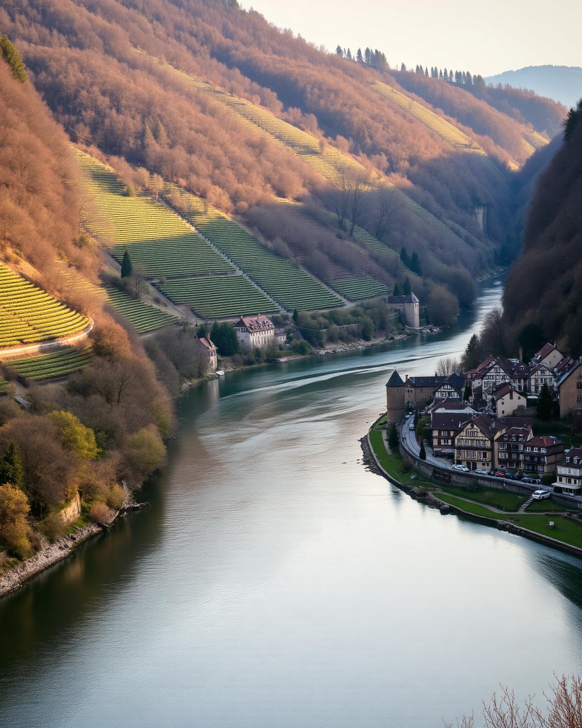 A bend of the Moselle river below steep vineyard slopes with a half-timbered wine village on the bank.