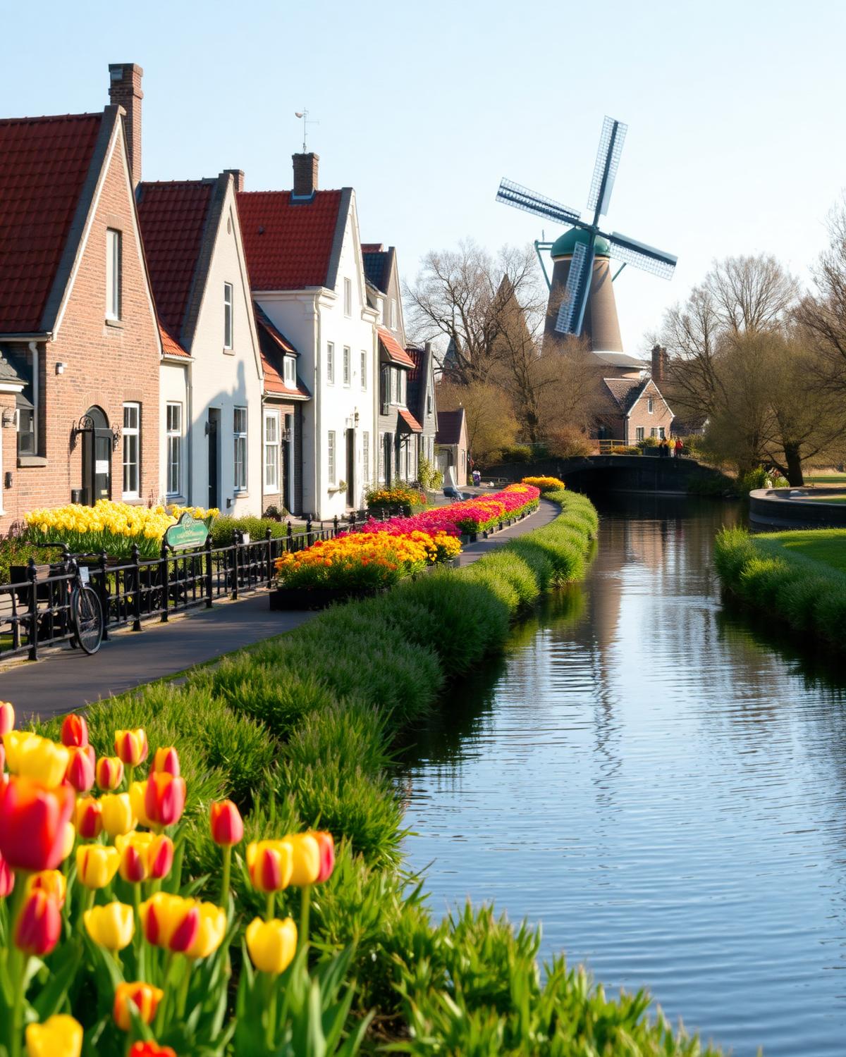 A Dutch canal in spring with gabled houses, tulips, a cycling path and a windmill beyond.