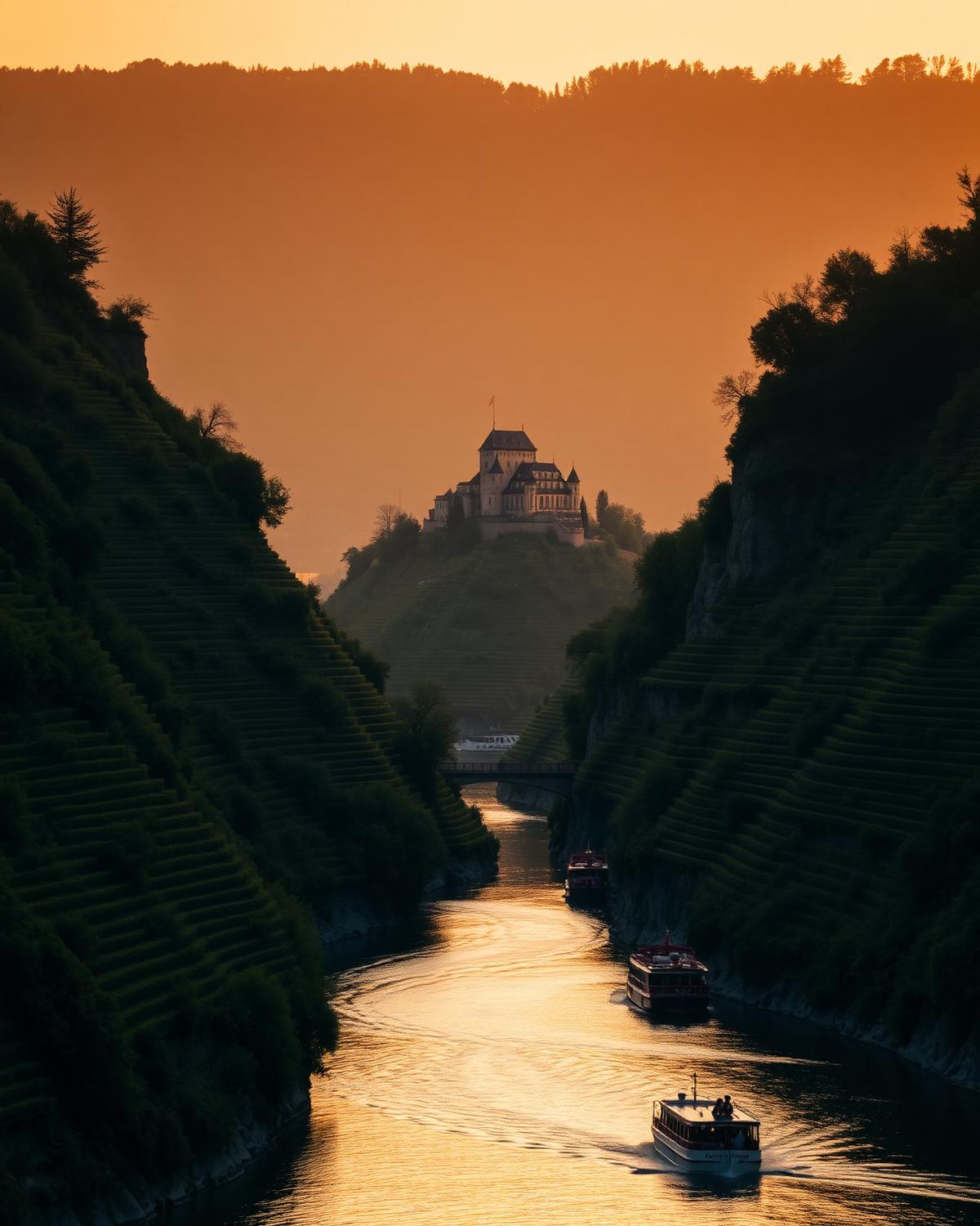 The Rhine valley at golden hour, steep vineyards and a hilltop castle above the river.