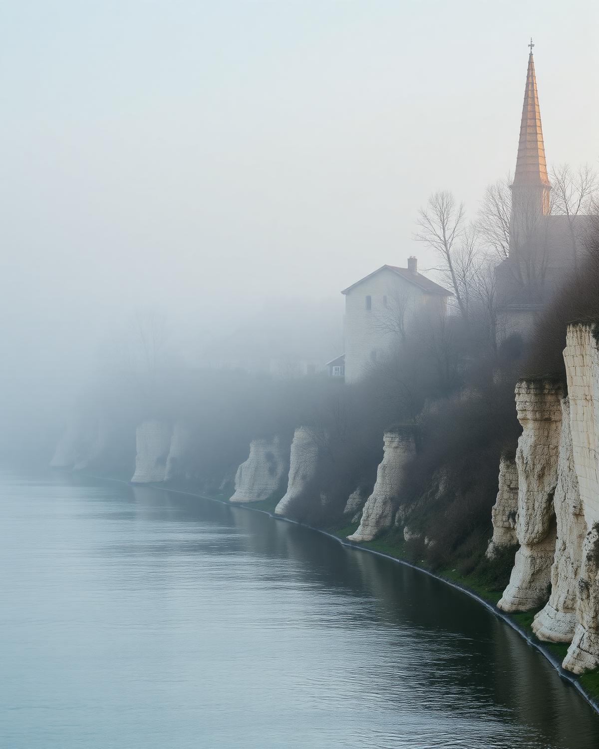 A misty morning on the Seine in Normandy, chalk cliffs and a village church spire above the river.