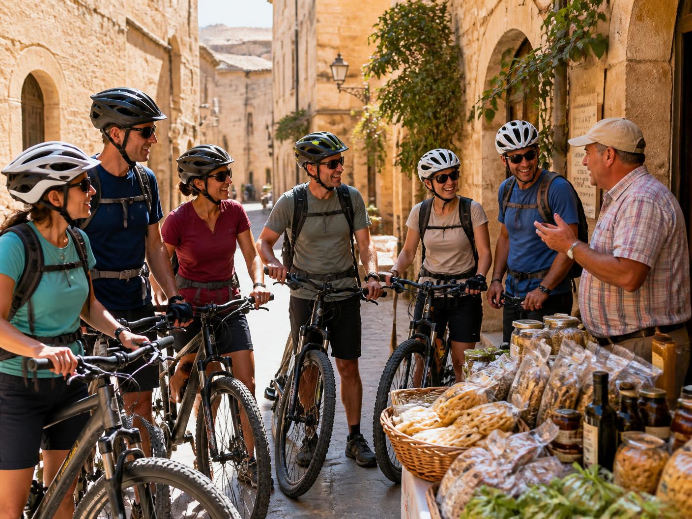 A small group of active adults with bicycles talking to a local vendor on a sunlit historic European market street.