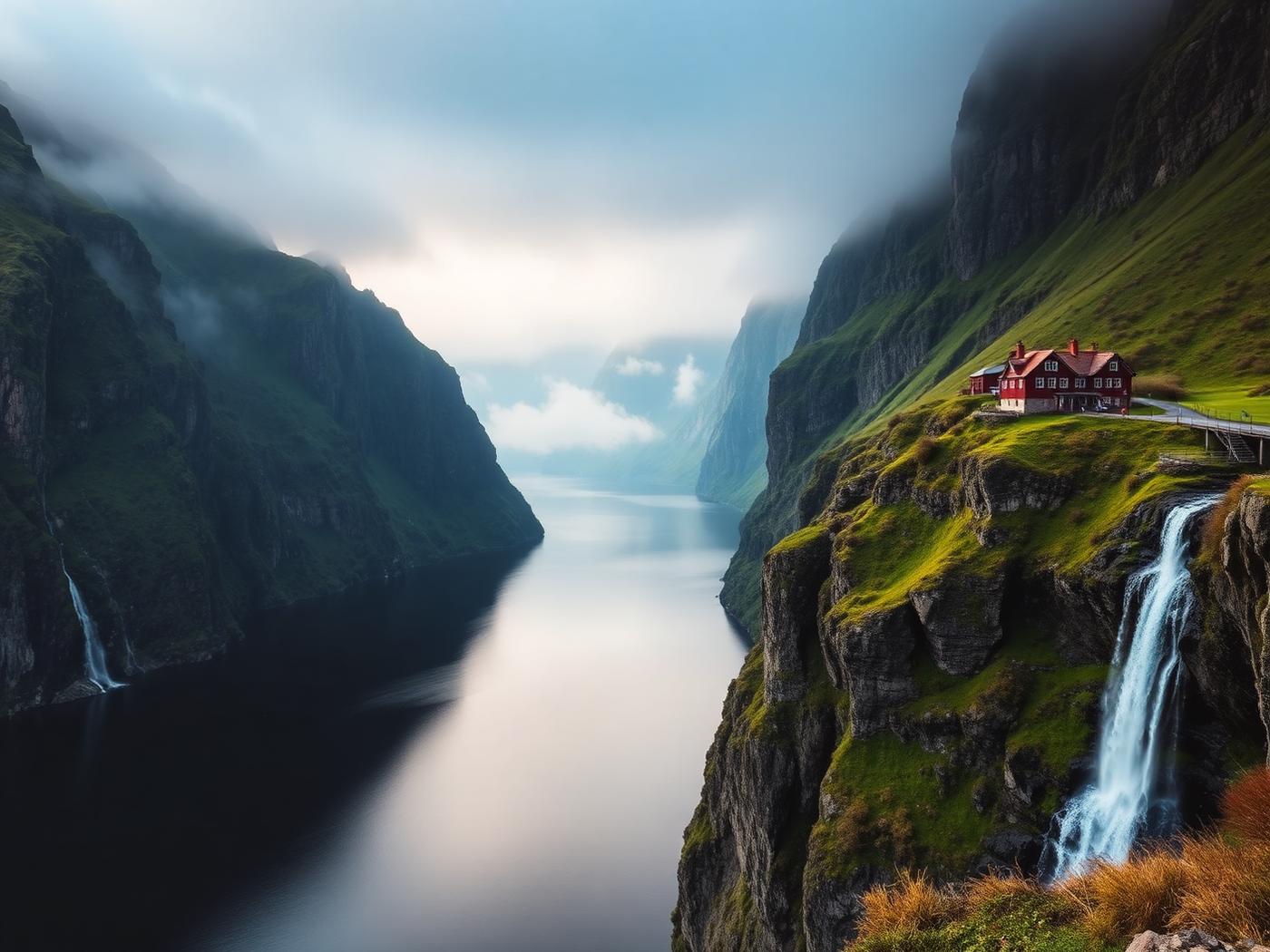 A Norwegian fjord at dawn with sheer green cliffs, waterfalls and a small red farmhouse above glassy dark water.