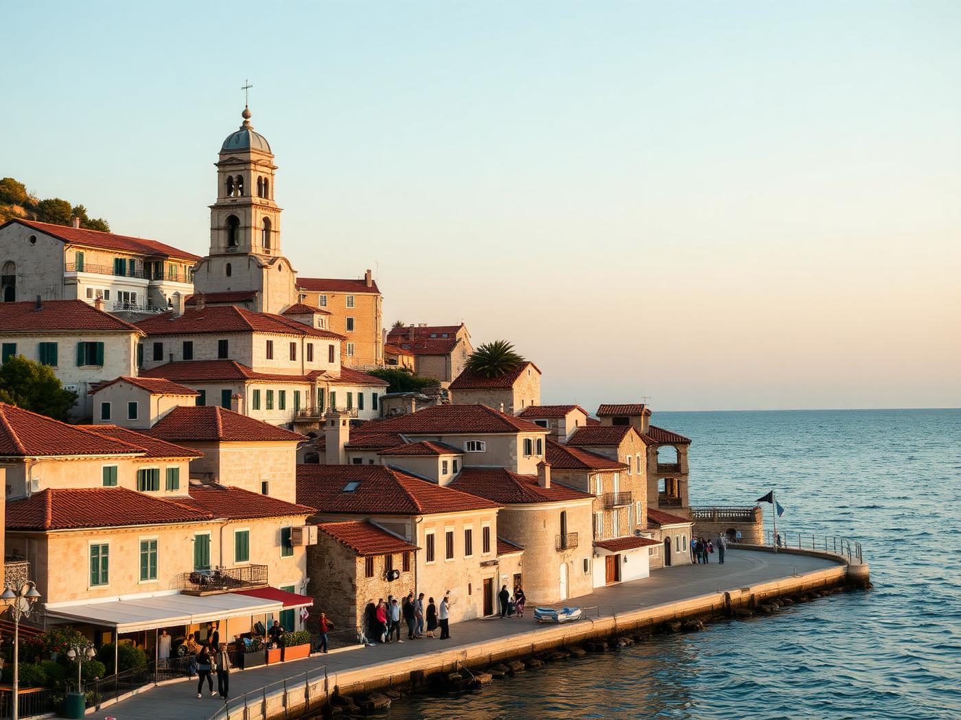 An ancient stone harbour town on the Croatian Adriatic coast at golden evening light, terracotta roofs and travellers walking the seafront promenade.