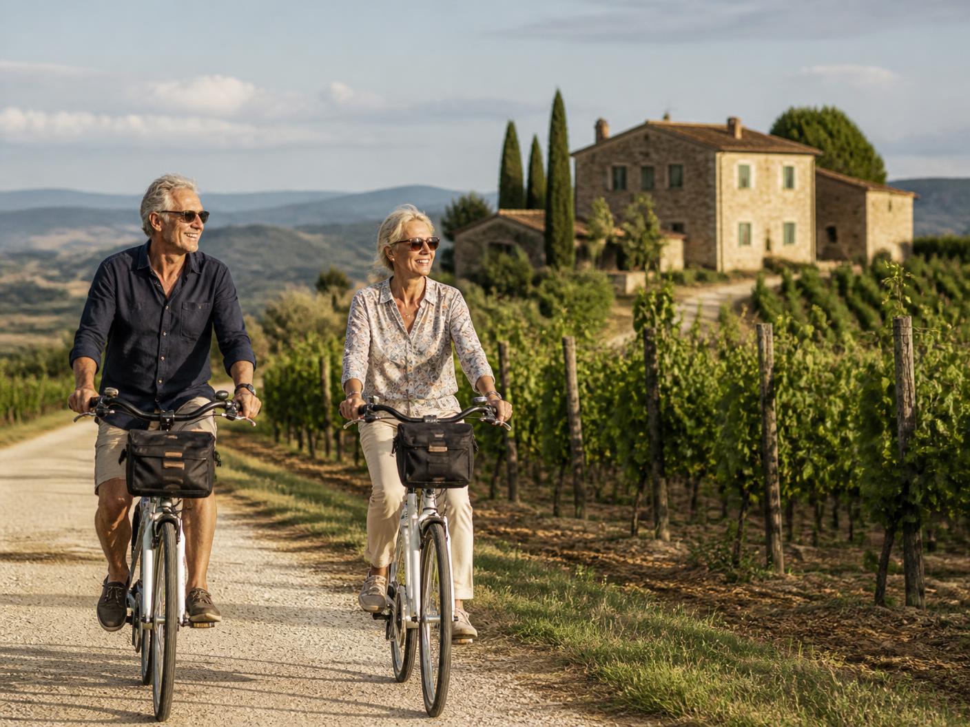 A relaxed couple in their sixties riding upright bicycles along a flat gravel lane past a stone farmhouse and vineyard rows in late afternoon light.