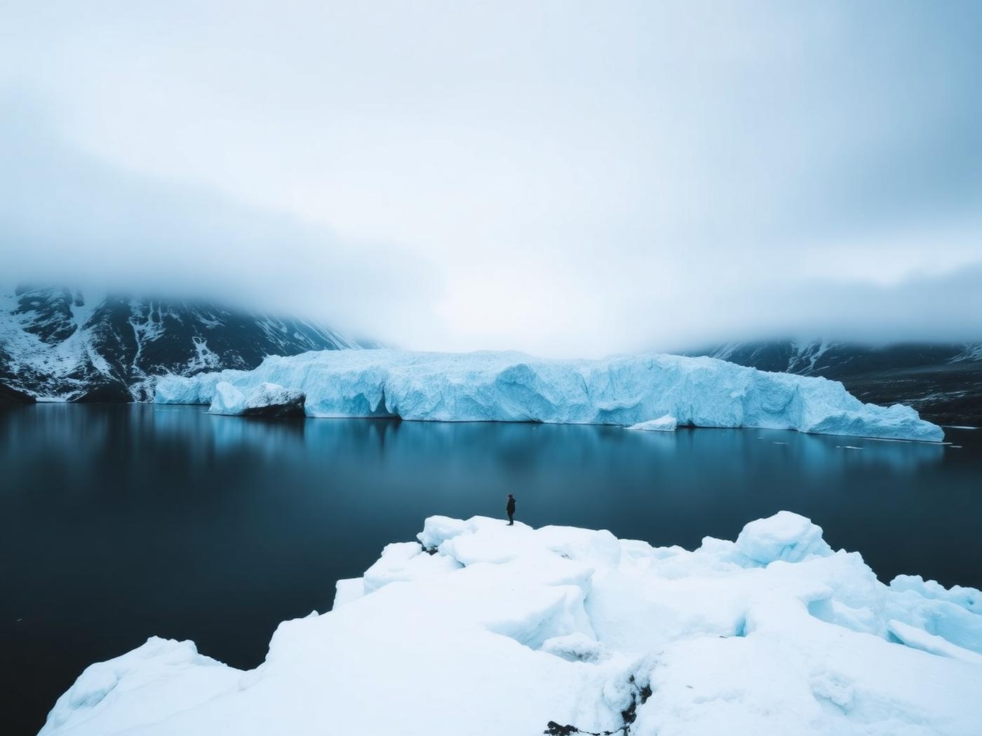 An Alaskan tidewater glacier meeting still dark water beneath snow-capped mountains and low cloud.