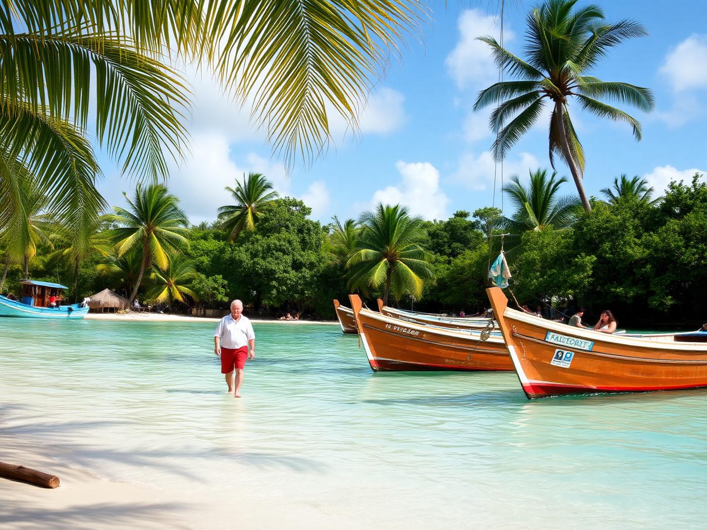 A quiet Caribbean beach cove with turquoise water, palm shade and wooden fishing boats, a couple in their sixties walking barefoot at the water's edge.